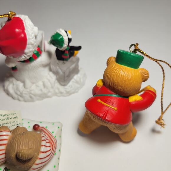 Vintage Christmas Bear Ornaments Lot - Bear w/ Penguin, Train, Sleeping, Drummer - Picture 3 of 7